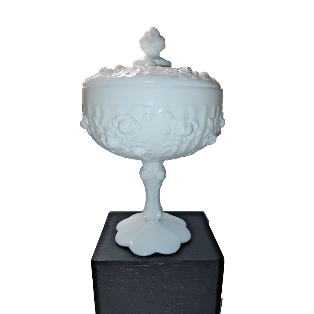 Fenton White Milk Glass Compote Candy Dish 1950 Pedestal base Cabbage Rose U.S.A